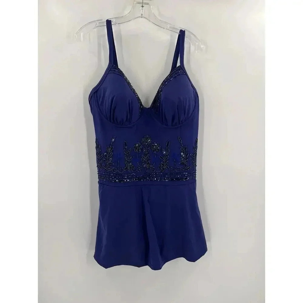Gorgeous ShapeFX Swimsuit With Skirt Blue Underwire Beaded Embroidery Size 18
